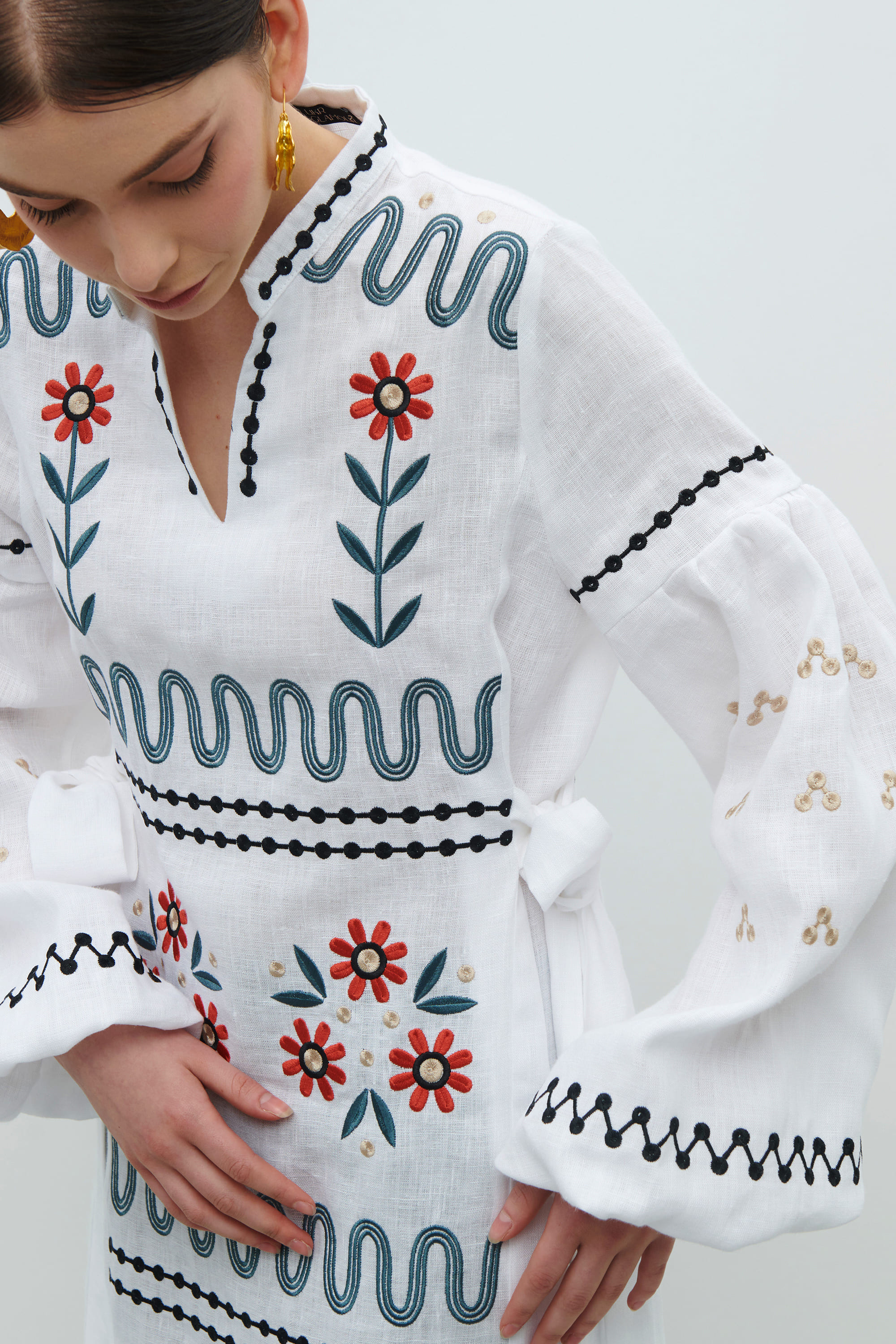 Long embroidered white linen dress Rozkvyt | S | 42-44