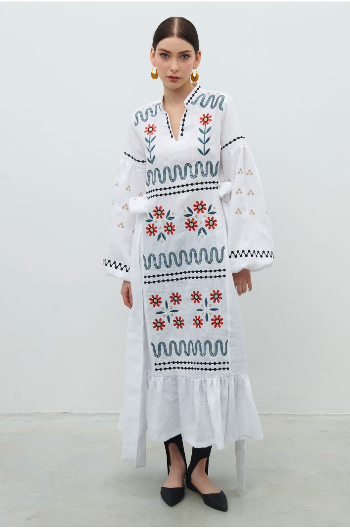 Long embroidered white linen dress Rozkvyt | S | 42-44