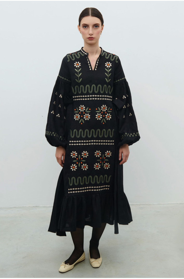 Embroidered black dress. The flourishing of Maria Prymachenko's work | S | 42-44