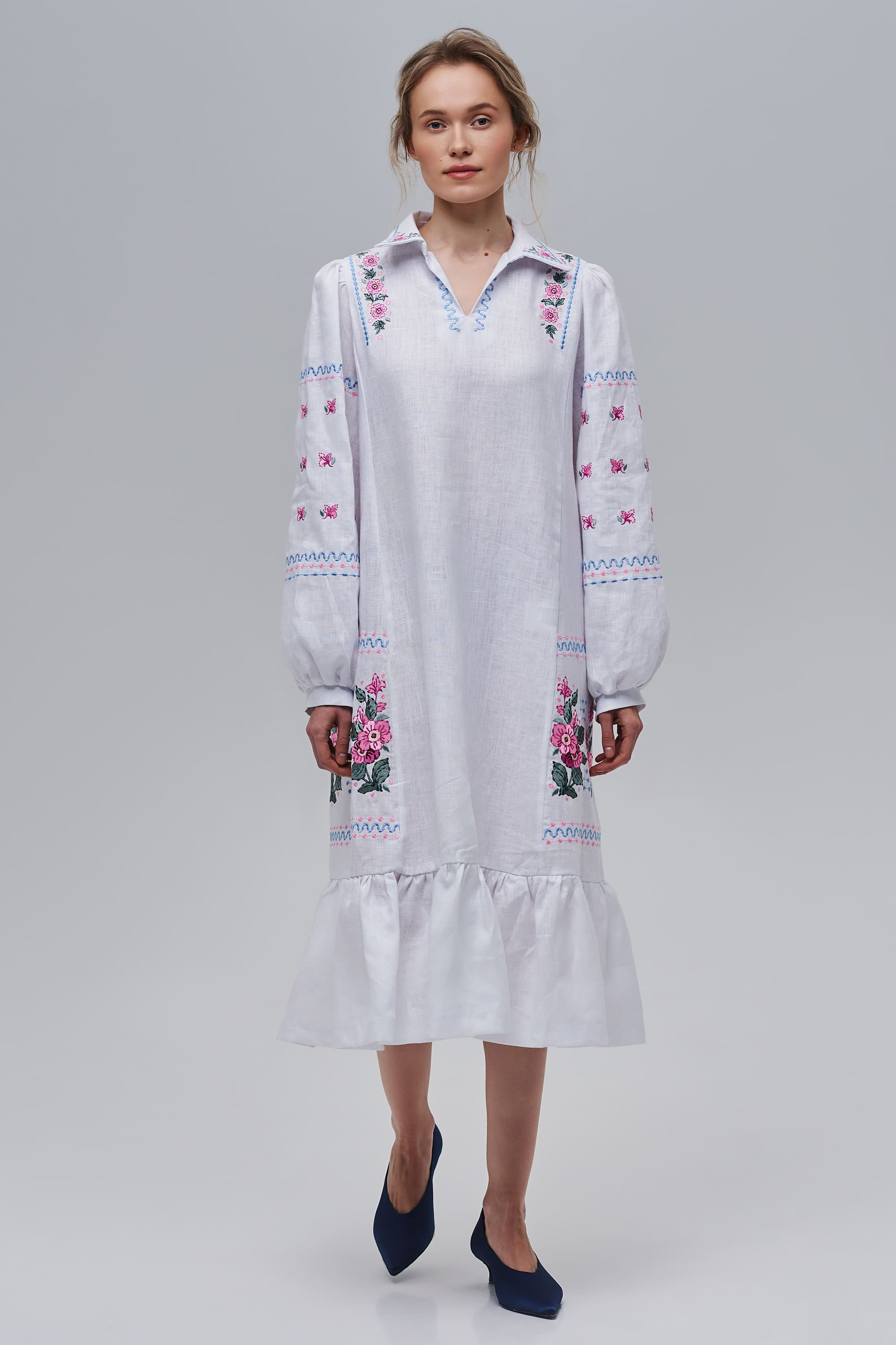 Embroidered white linen dress Rosehip