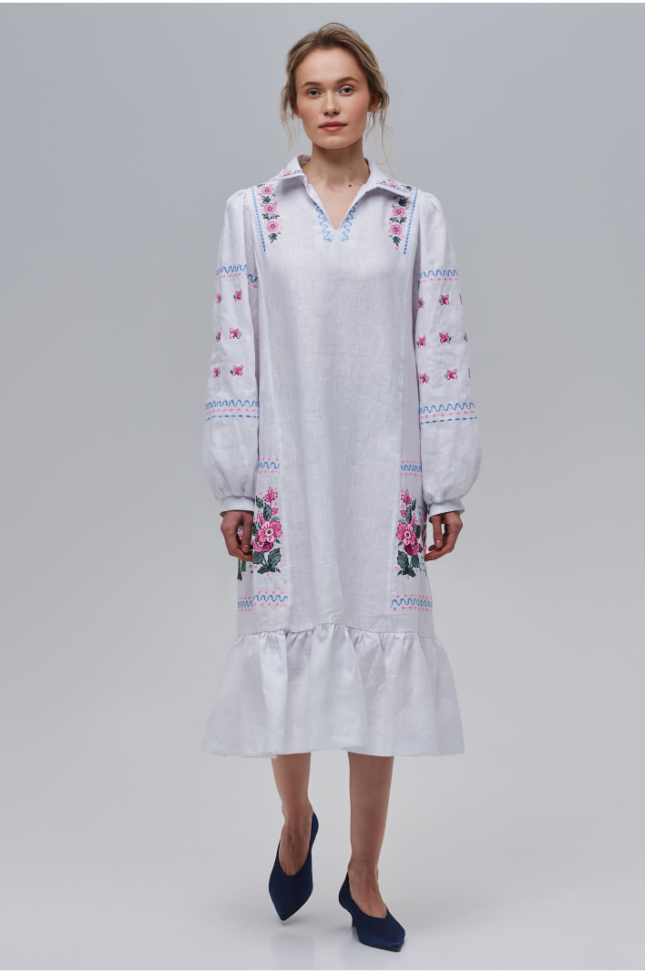 Embroidered white linen dress Rosehip | S | 42-44