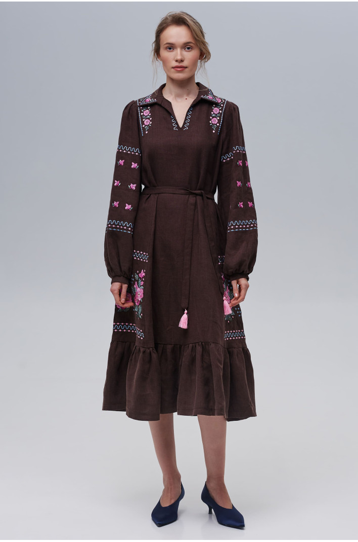 Embroidered brown linen dress Rosehip | S | 42-44