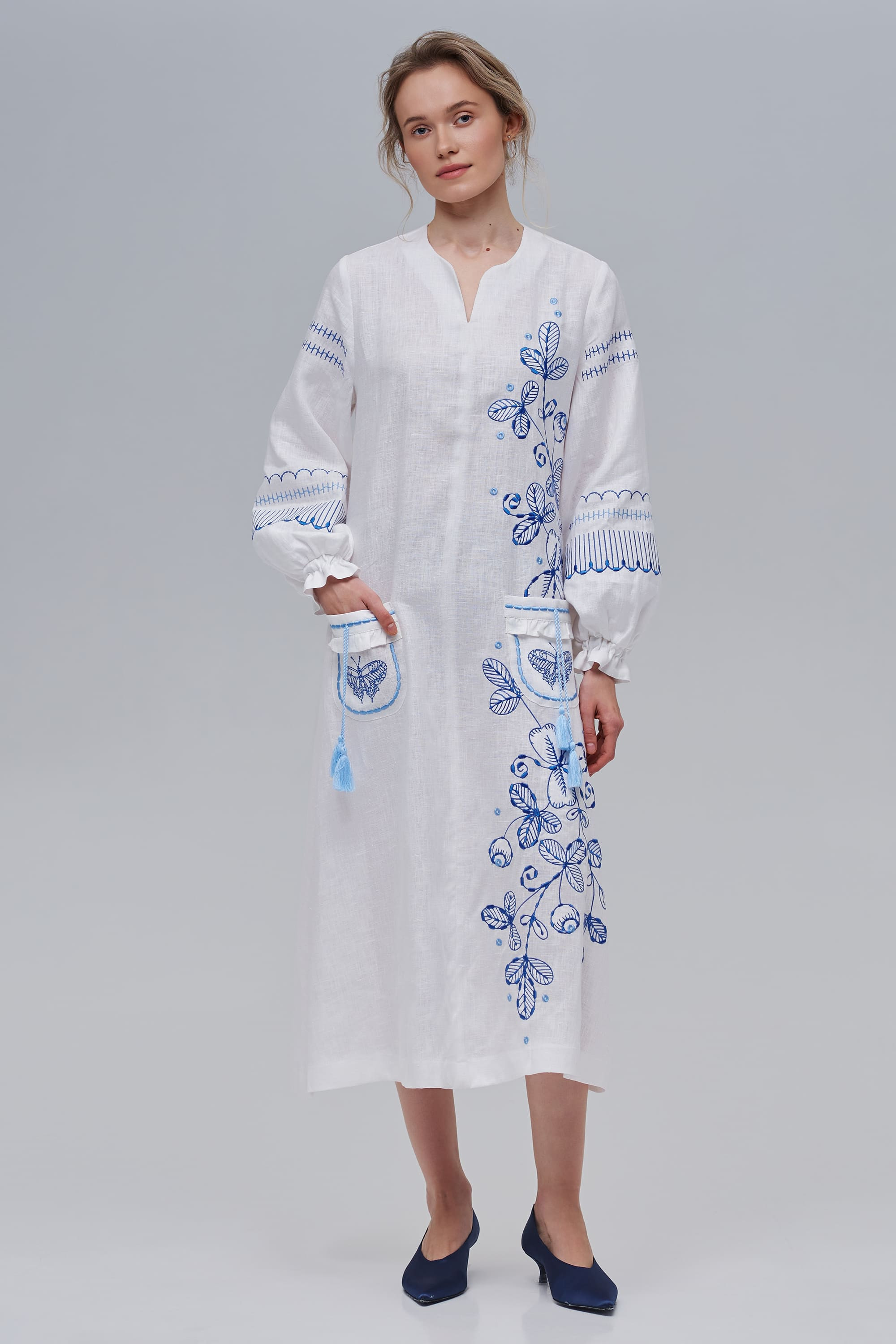 Embroidered white linen dress Butterfly