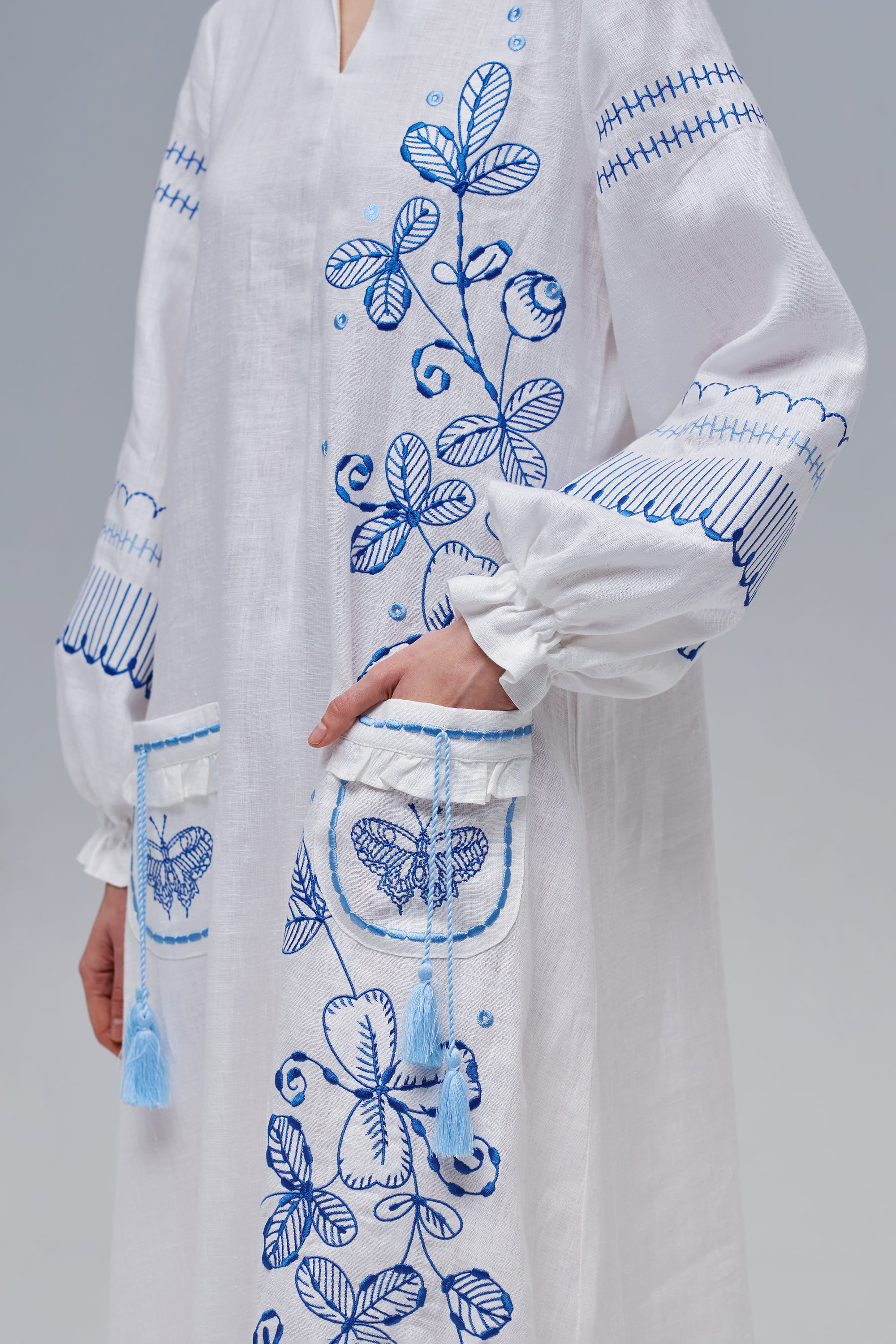 Embroidered white linen dress Butterfly