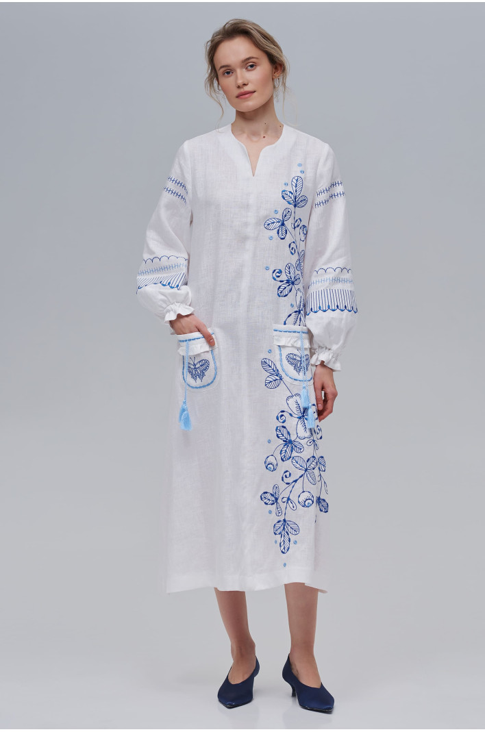 Embroidered white linen dress Butterfly | S | 42-44
