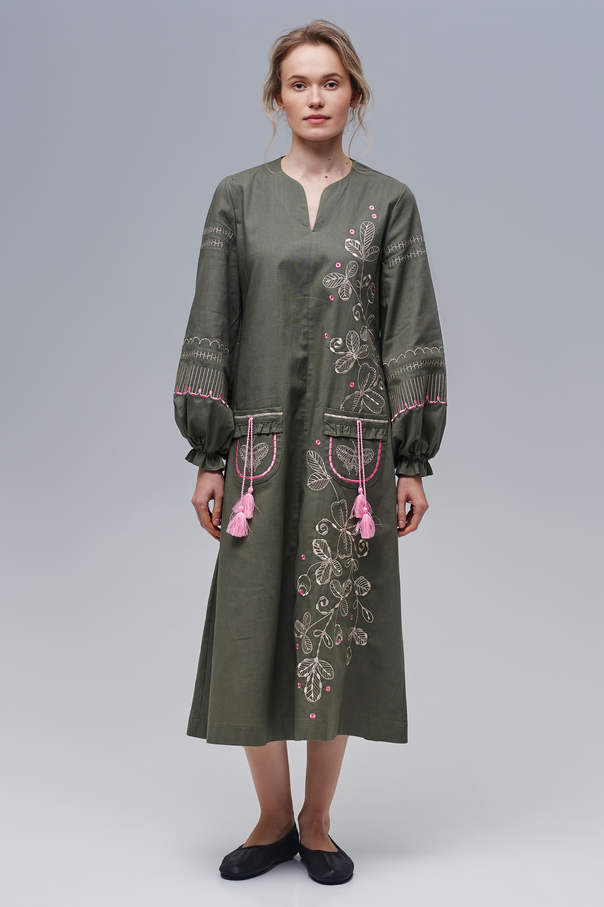 Embroidered linen dress khaki Butterfly