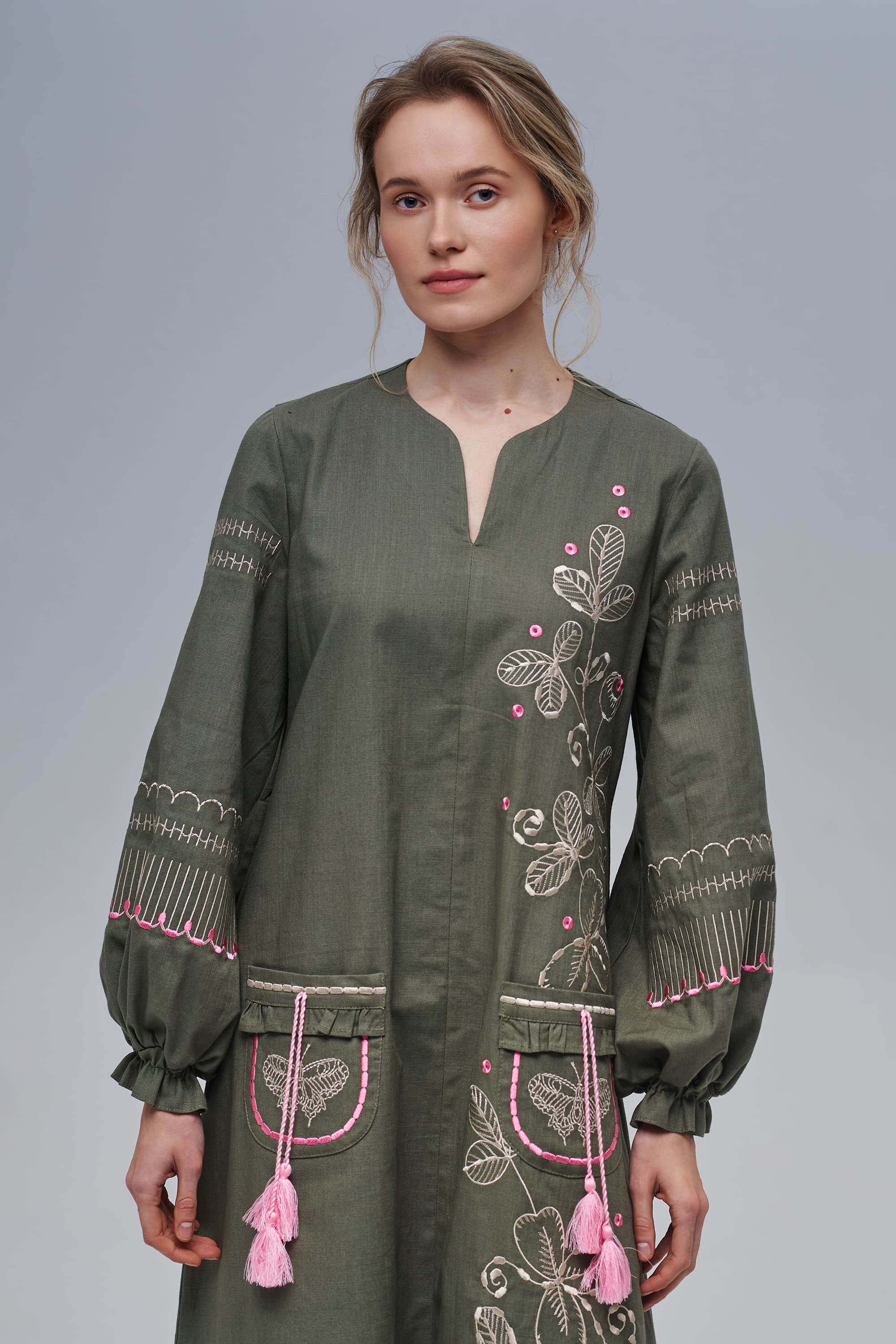 Embroidered linen dress khaki Butterfly | S | 42-44