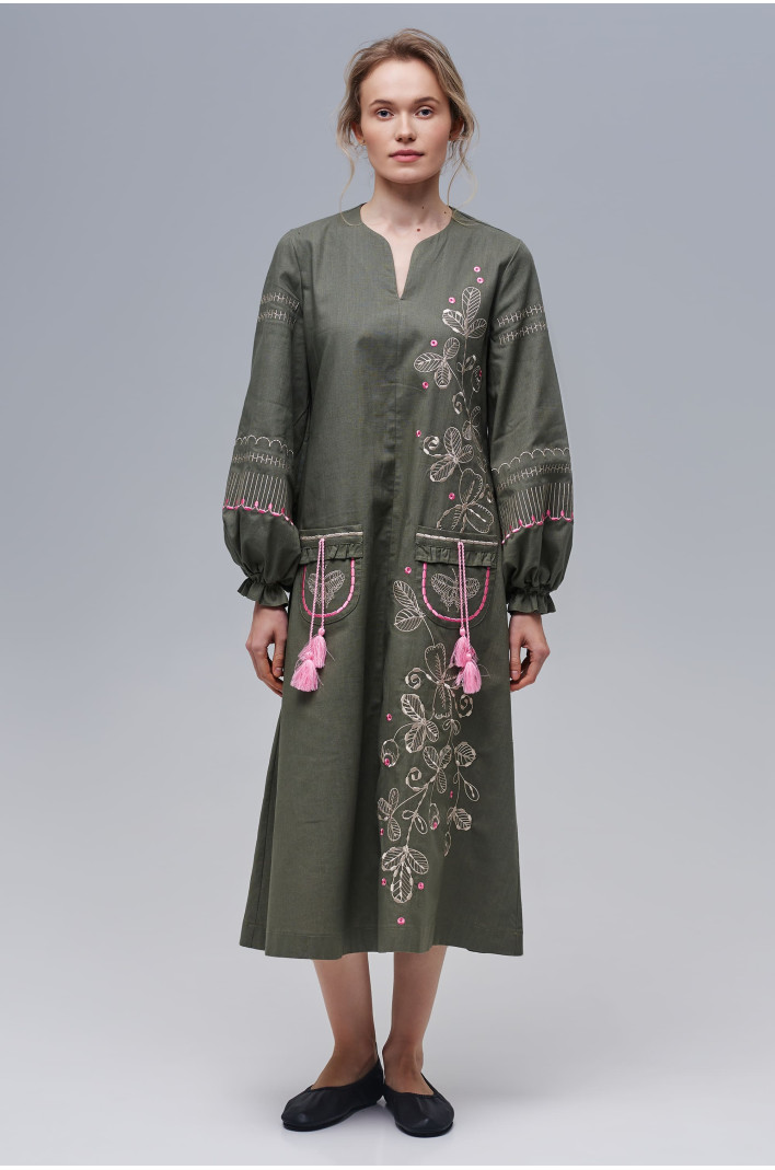 Embroidered linen dress khaki Butterfly | S | 42-44