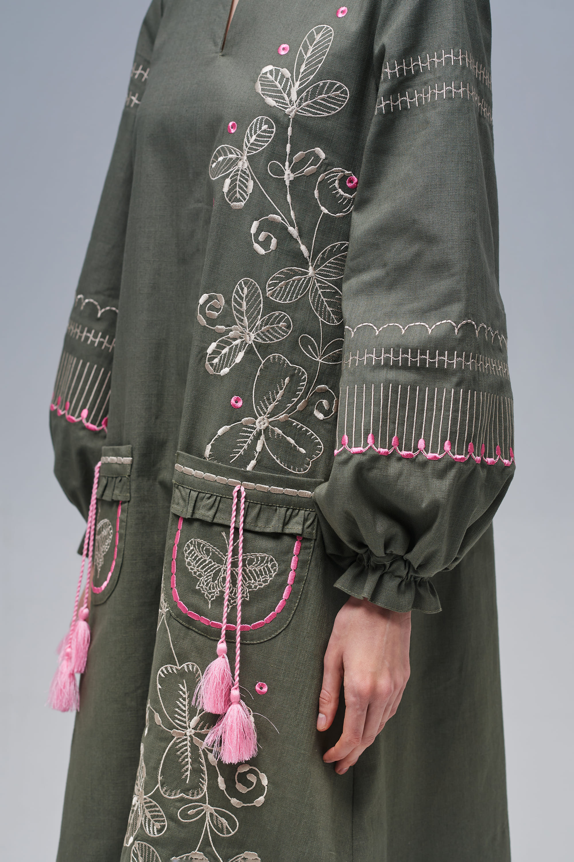 Embroidered linen dress khaki Butterfly | S | 42-44