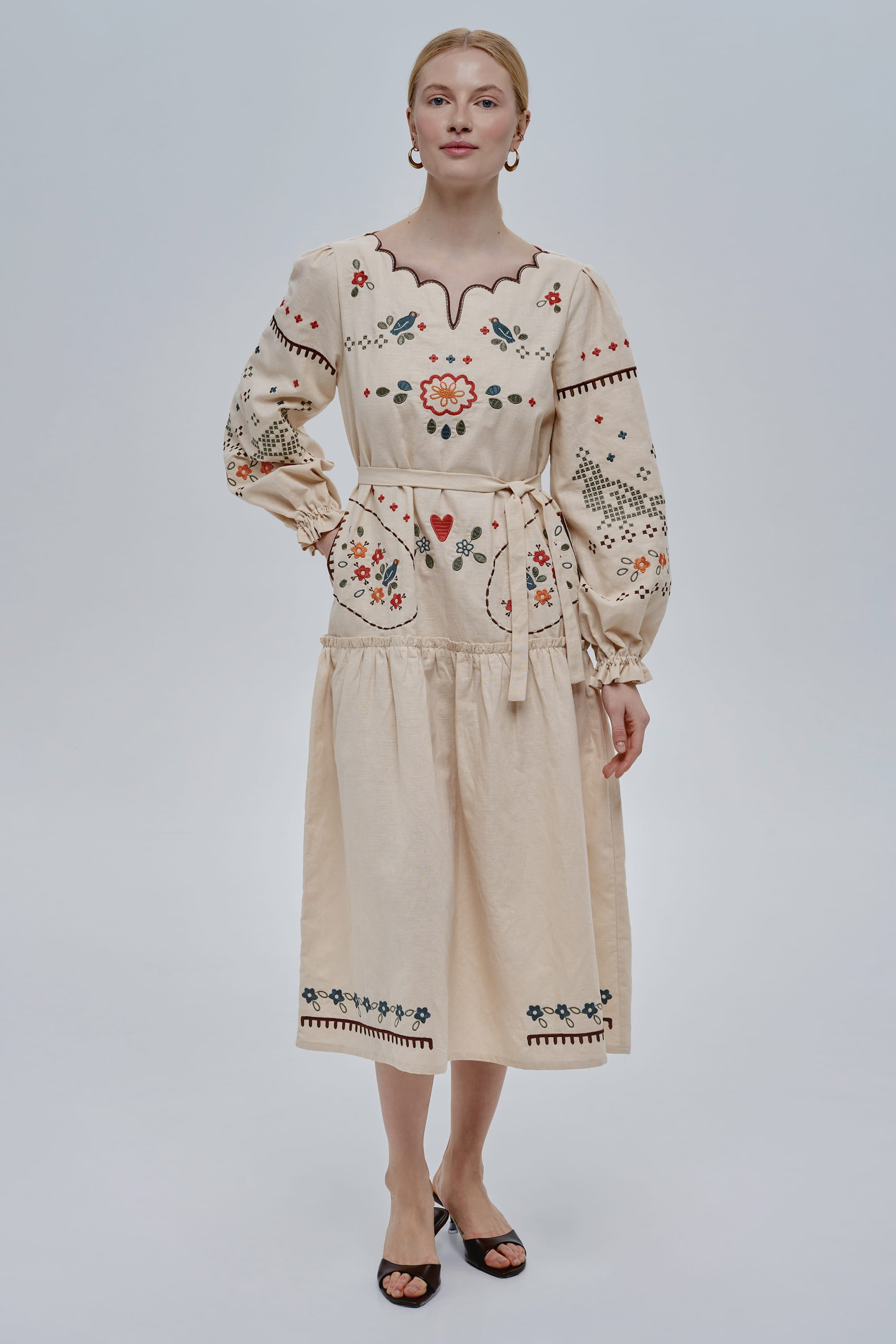 Embroidered beige linen dress My Love