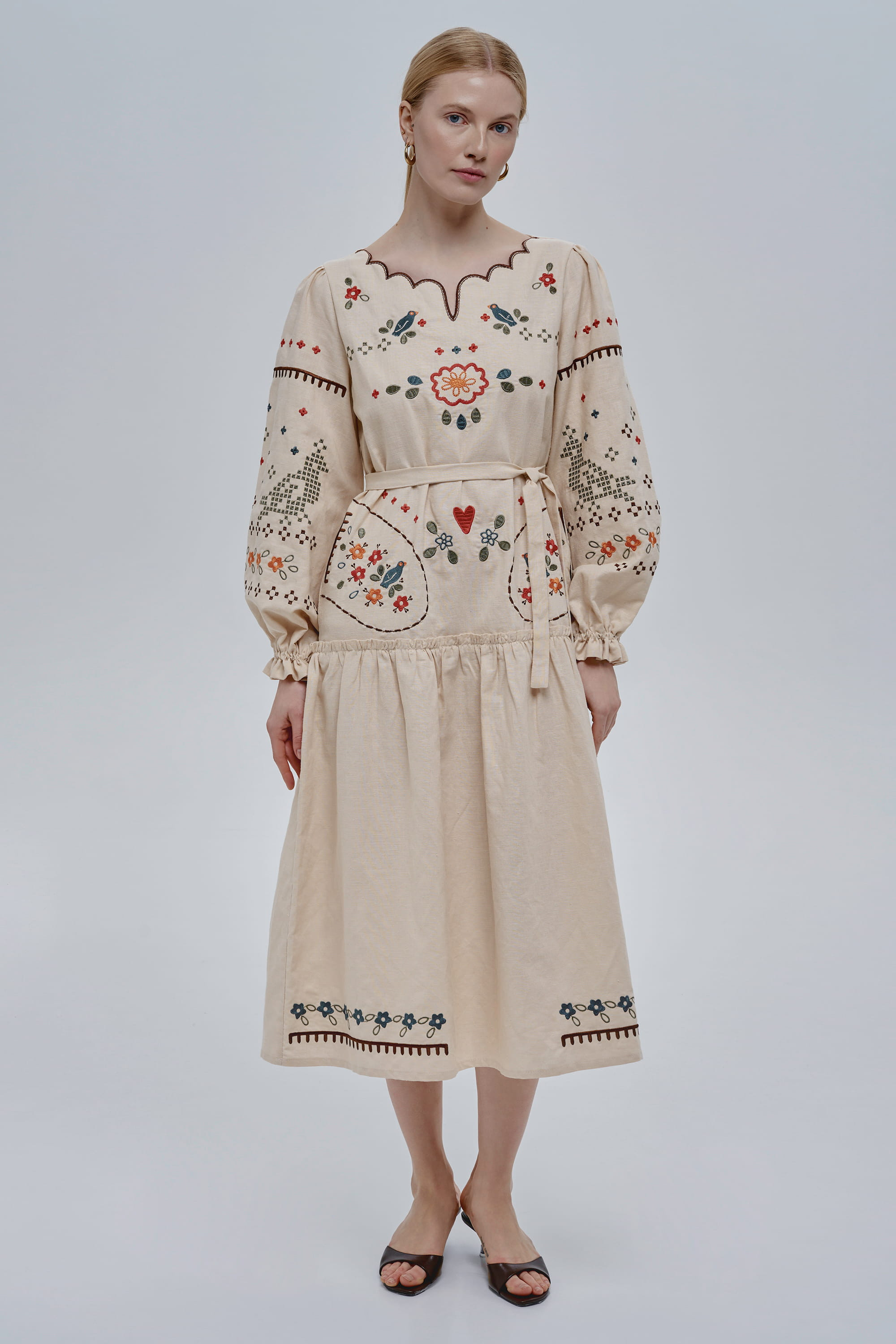 Embroidered beige linen dress My Love