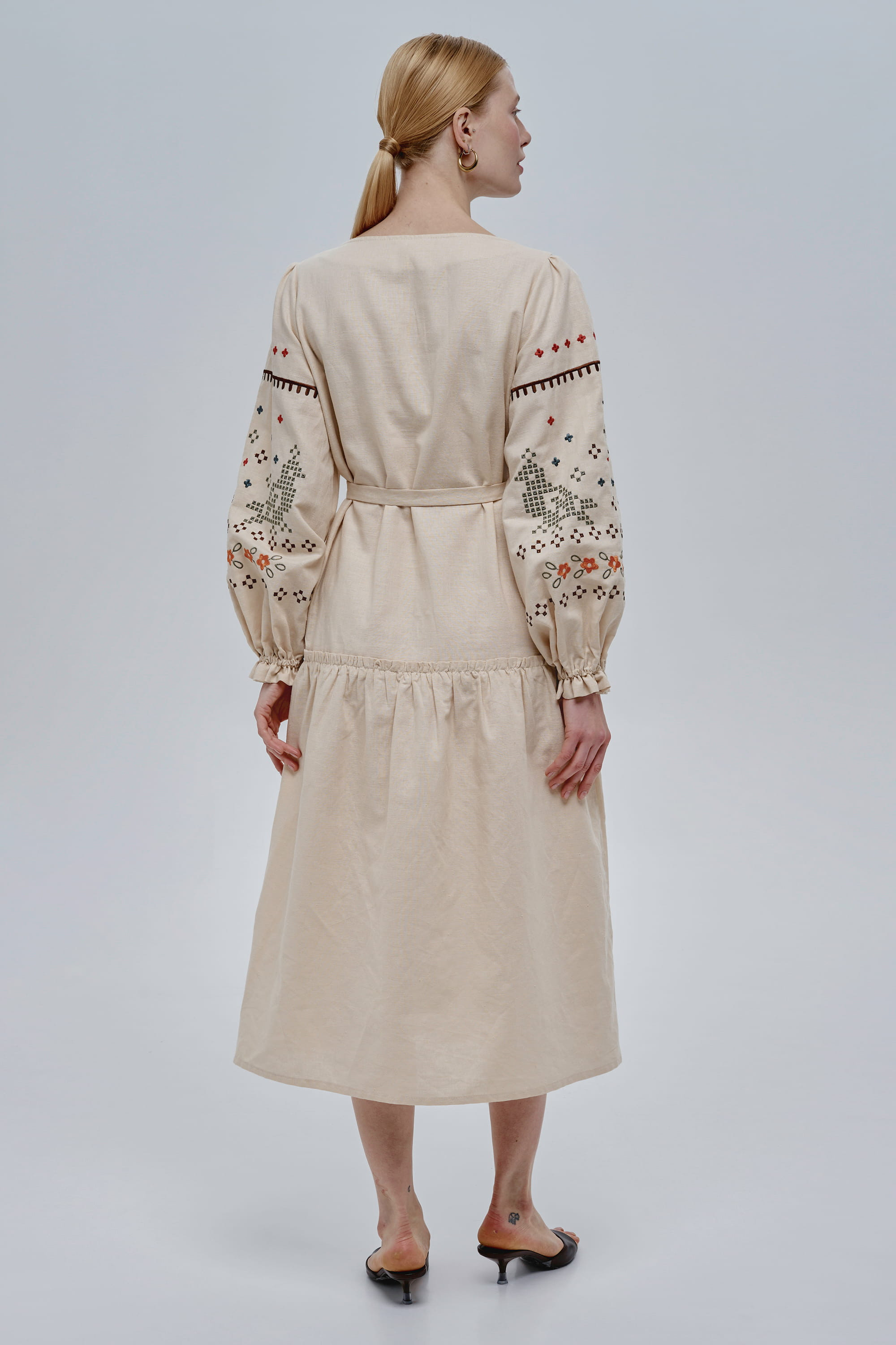 Embroidered beige linen dress My Love | XS | 40-42