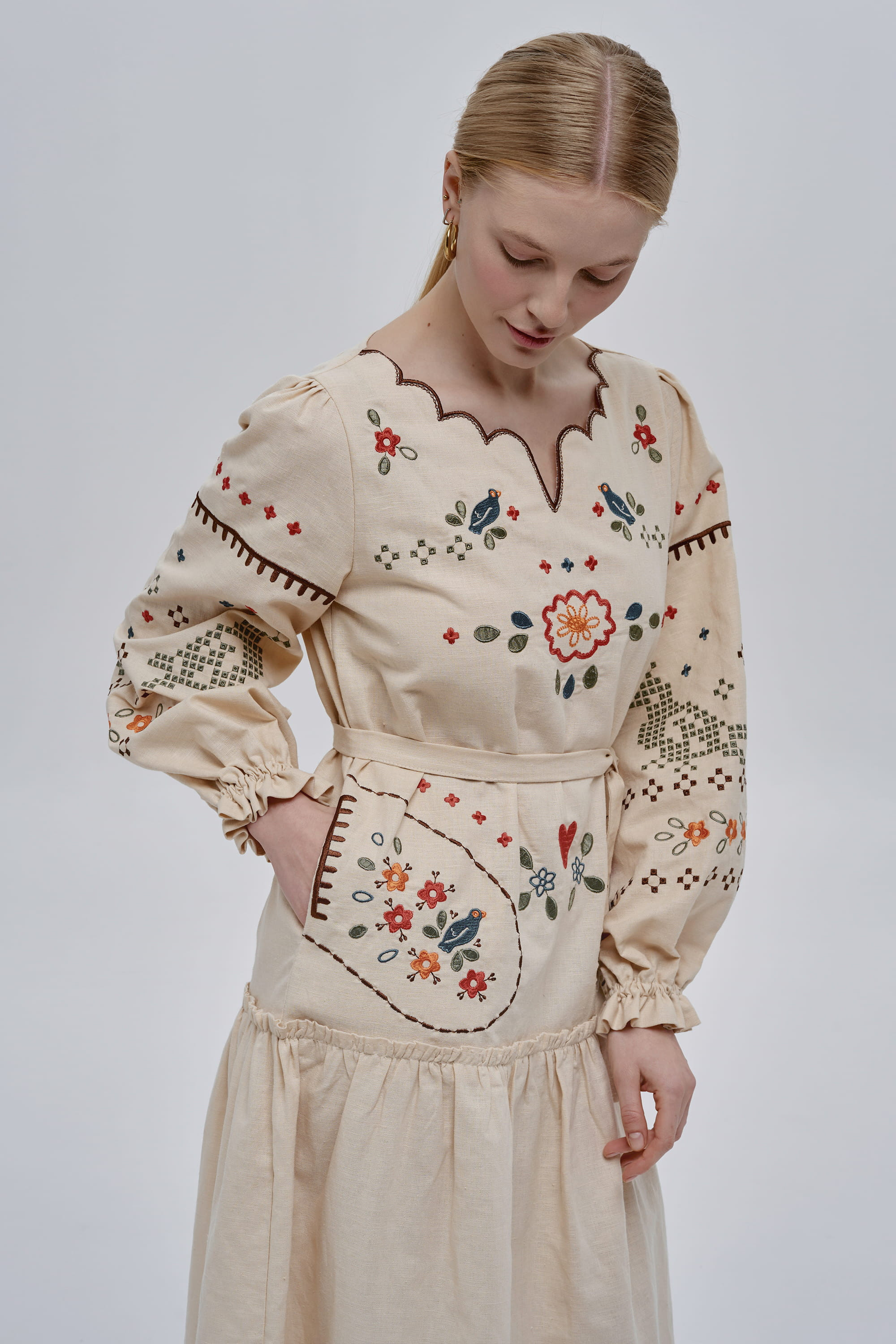 Embroidered beige linen dress My Love | XS | 40-42
