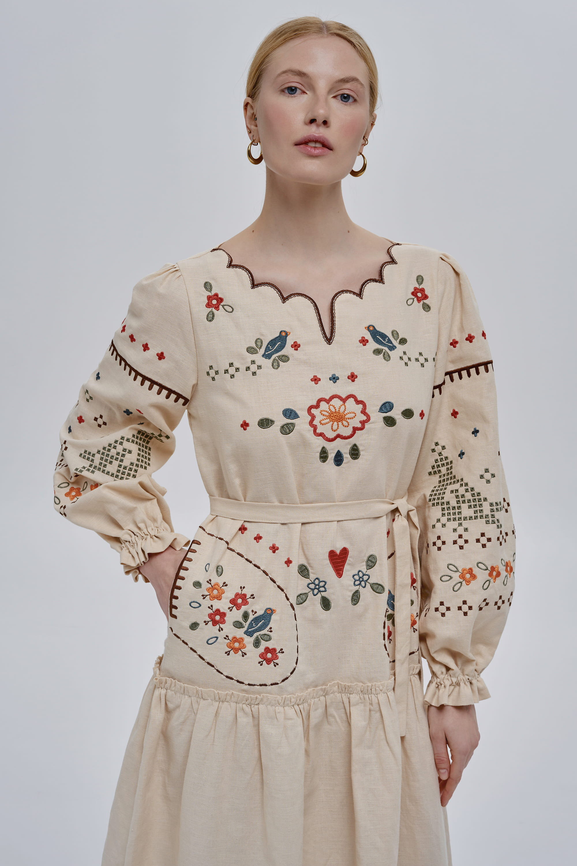 Embroidered beige linen dress My Love | XS | 40-42