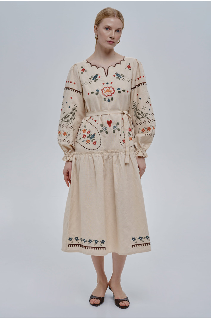 Embroidered beige linen dress My Love | XS | 40-42