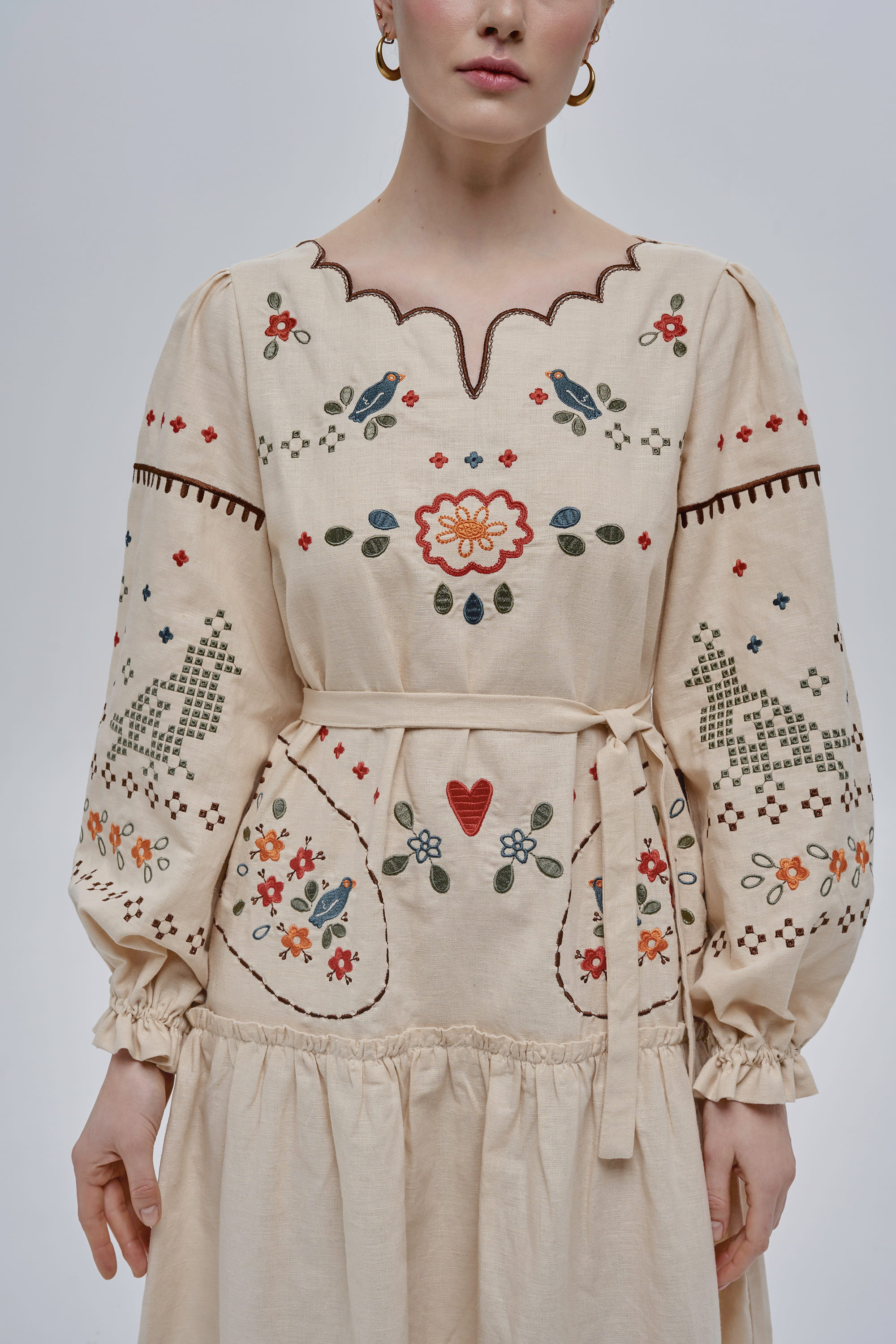 Embroidered beige linen dress My Love