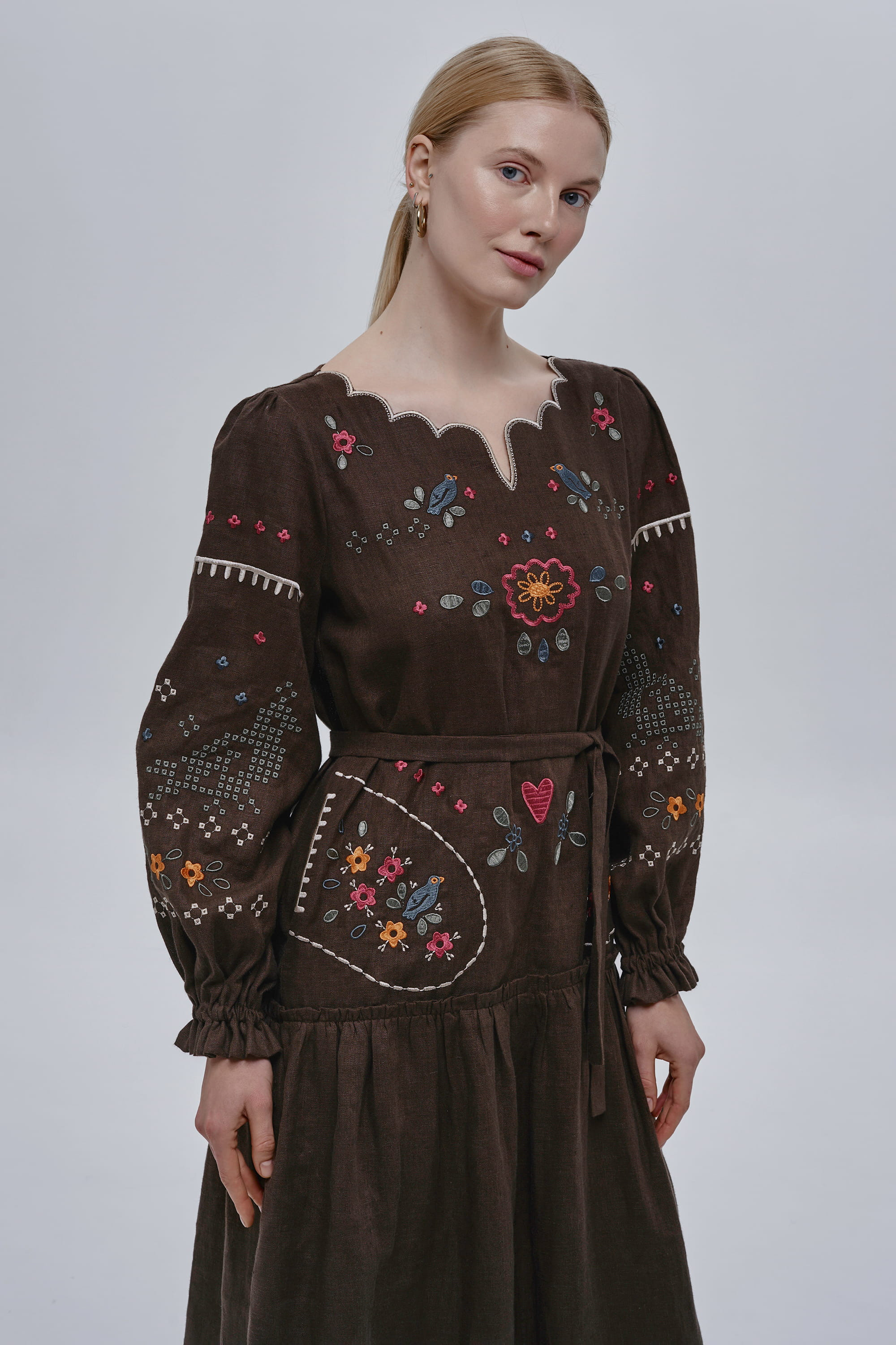 Embroidered brown linen dress My Love | XS | 40-42