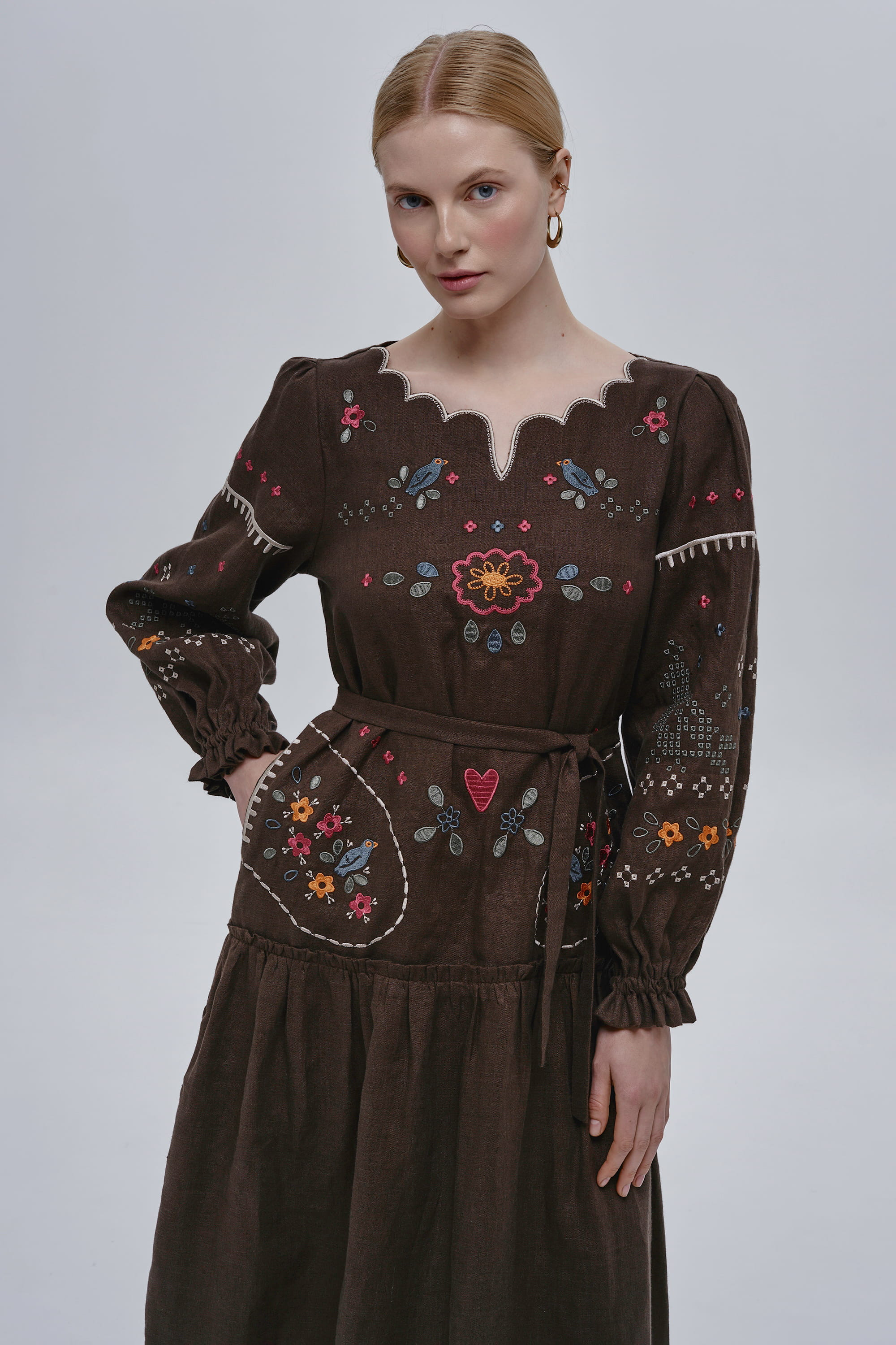 Embroidered brown linen dress My Love | XS | 40-42