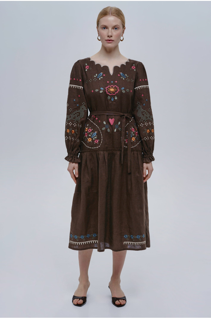 Embroidered brown linen dress My Love | XS | 40-42