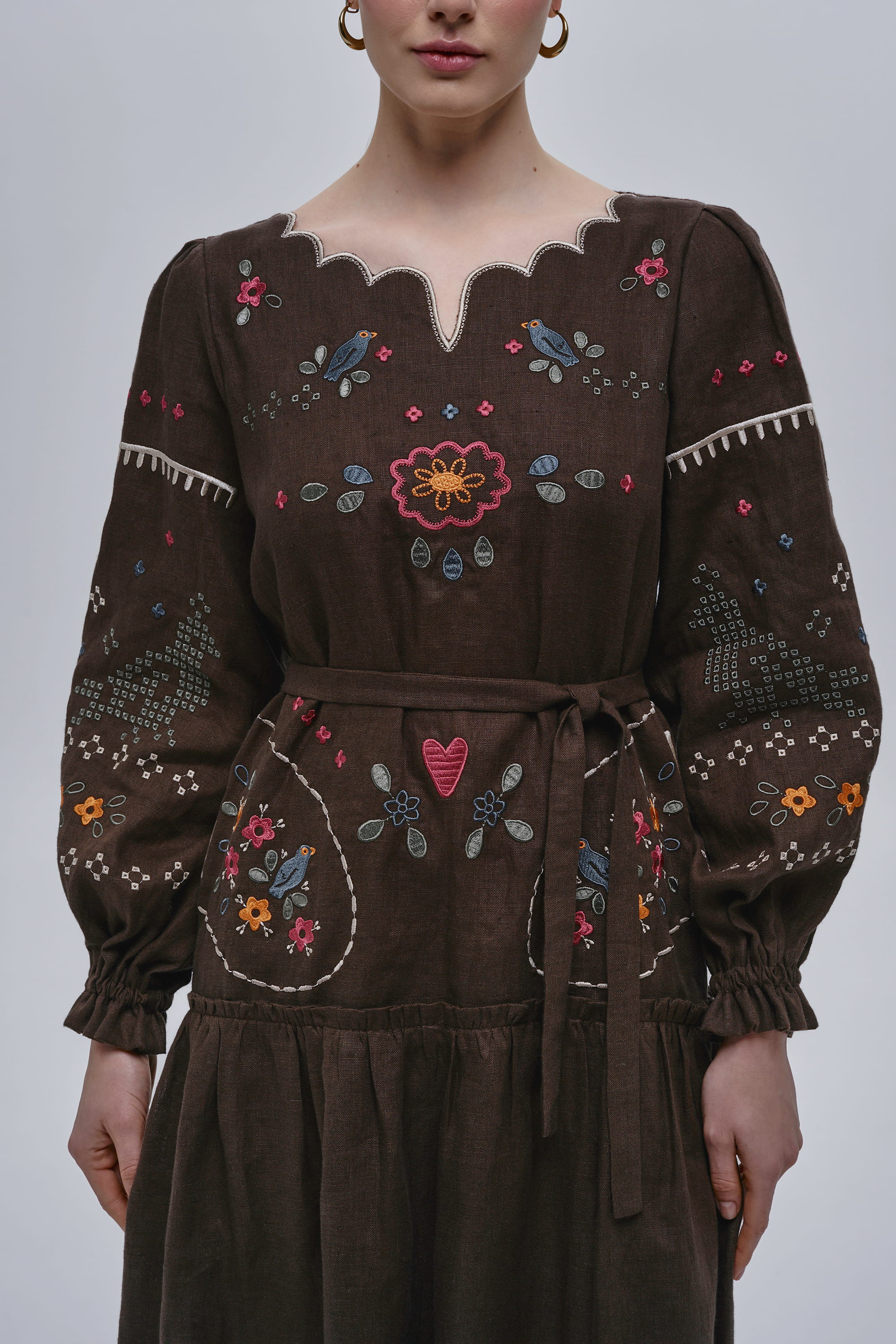 Embroidered brown linen dress My Love | XS | 40-42