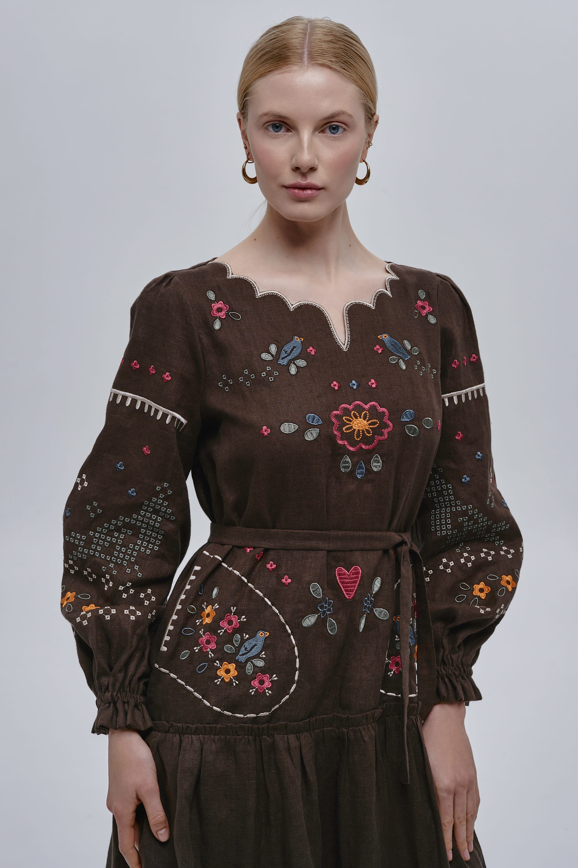 Embroidered brown linen dress My Love