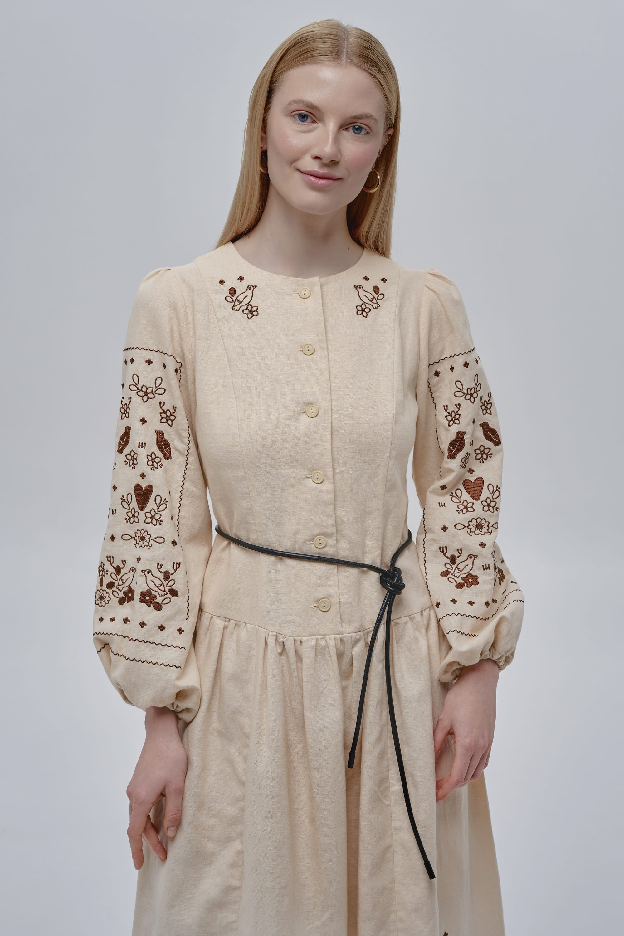 Embroidered beige linen dress Serdenko | XS | 40-42