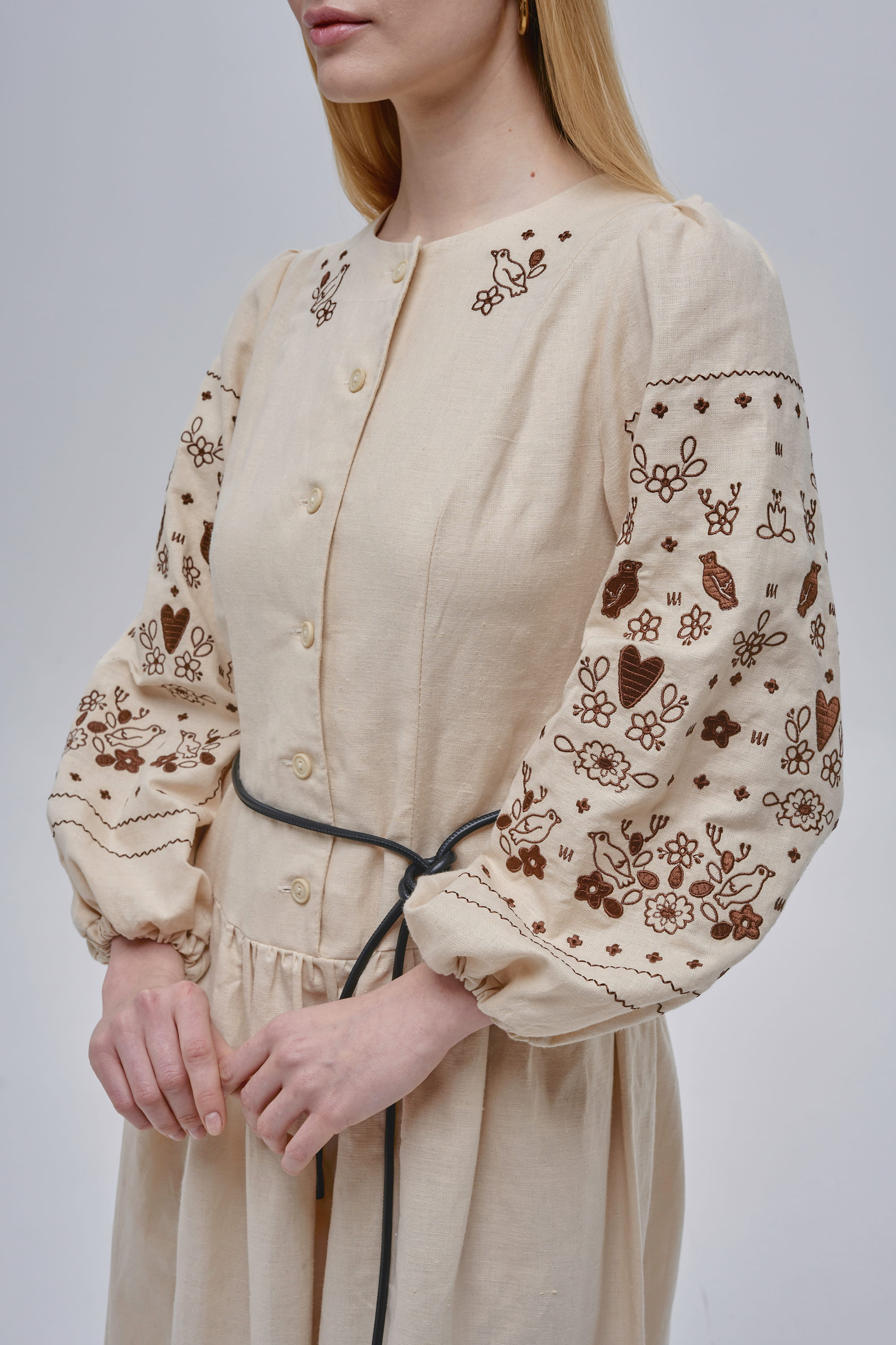Embroidered beige linen dress Serdenko | XS | 40-42