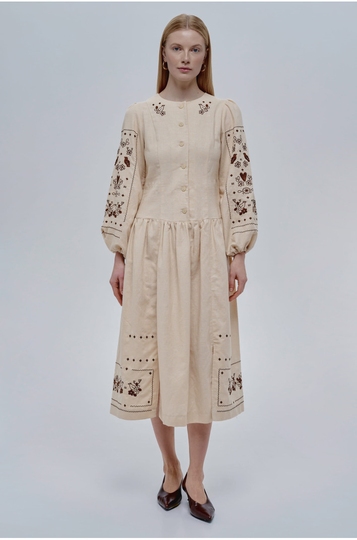 Embroidered beige linen dress Serdenko | XS | 40-42