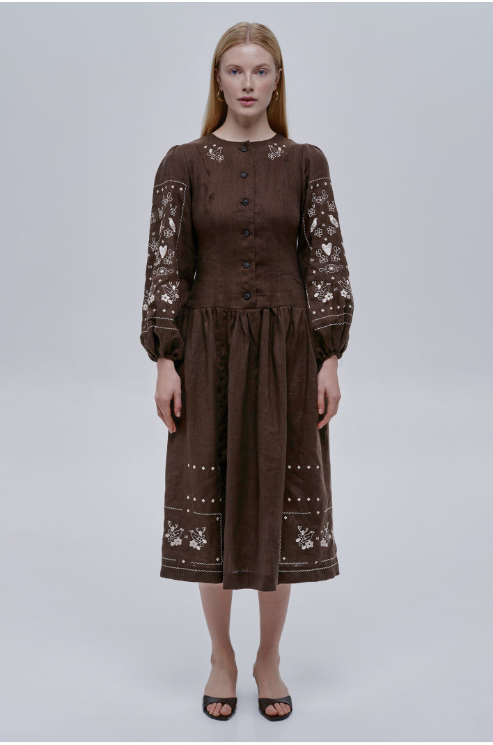 Embroidered brown dress Serdenko | XS | 40-42